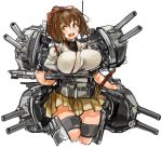  1girl alternate_breast_size blush bouncing_breasts breasts brown_eyes brown_hair cowboy_shot hair_ornament hair_ribbon high_ponytail ise_(kantai_collection) japanese_clothes kantai_collection katana large_breasts looking_to_the_side machinery open_mouth pleated_skirt ponytail ribbon sachito simple_background skin_tight skirt smile solo sword thick_thighs thighs weapon white_background 