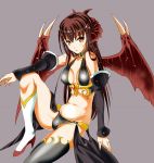  1girl bare_shoulders black_gloves black_legwear breasts brown_hair demon_girl demon_horns demon_wings detached_sleeves earrings elbow_gloves gloves horns jewelry lirshana long_hair looking_at_viewer maou_no_hajimekata moonsorrow simple_background single_thighhigh solo succubus thigh-highs wings yellow_eyes 