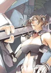  1girl artist_request bare_shoulders bodysuit breasts brown_hair cleavage female glove kyoukaisenjou_no_horizon large_breasts mechanical_arm midriff naomasa_(horizon) navel pipe prosthesis solo standing tool violet_eyes wrench 