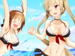  &gt;_&lt; 2girls ;d ahoge arms_up bare_shoulders bikini_top blue_skirt blush breasts brown_hair closed_eyes clouds collarbone eeryuu_(2004107) hairband highres kantai_collection large_breasts light_brown_hair long_hair looking_back low_twintails medium_breasts midriff multiple_girls murasame_(kantai_collection) navel ocean one_eye_closed open_mouth red_eyes shiratsuyu_(kantai_collection) short_hair skirt smile splashing swimsuit twintails 