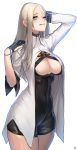  1girl :q blonde_hair blue_eyes breasts cleavage closers harpy_(closers) highres hips instant_ip labcoat large_breasts long_hair looking_at_viewer mole short_shorts shorts simple_background solo tongue tongue_out white_background 