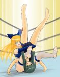  #13 2girls barefoot blonde_hair bow elbow_gloves feet femdom gloves green_hair minako_(#13) multiple_girls piledriver thigh-highs wrestling yayoi_(#13) yuri 