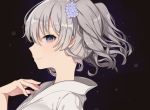  1girl alternate_costume black_background blue_eyes bow from_side hair_bow japanese_clothes kantai_collection kashima_(kantai_collection) light_smile looking_at_viewer oniku_(oishii_oniku) profile silver_hair twintails wavy_hair 