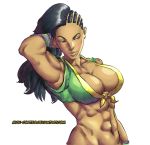  1girl abs arm_up armpits asymmetrical_hair black_hair bottomless bracelet breasts cornrows dark_skin front-tie_top hair_flip jewelry large_breasts laura_matsuda lips long_hair mick_cortes muscle out-of-frame_censoring solo street_fighter street_fighter_v upper_body watermark web_address white_background 