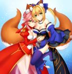  2girls bad_id bad_pixiv_id blonde_hair breasts cleavage cosplay costume_switch fate/extella fate/extra fate_(series) green_eyes multiple_girls nero_claudius_(fate) nero_claudius_(fate)_(all) nero_claudius_(fate)_(cosplay) one_eye_closed tamamo_(fate)_(all) tamamo_no_mae_(fate) tamamo_no_mae_(fate)_(cosplay) thigh-highs yellow_eyes yunelala 