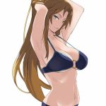  1girl aqua_eyes armpits arms_behind_head arms_up bikini blonde_hair breasts brown_hair cleavage idolmaster idolmaster_cinderella_girls kawaty large_breasts long_hair looking_at_viewer matsumoto_sarina navel o-ring_bikini solo swimsuit upper_body 