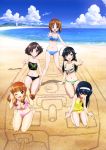  5girls :/ :d ;d absurdres ahoge akiyama_yukari arm_support barefoot beach bikini black_eyes black_hair blue_bikini blush breasts brown_eyes brown_hair building casual_one-piece_swimsuit cleavage clenched_hand closed_mouth clouds collarbone eyebrows eyebrows_visible_through_hair feet frilled_swimsuit frills girls_und_panzer green_bikini hairband halterneck head_tilt highres huge_ahoge isuzu_hana legs_apart long_hair multiple_girls navel nishizumi_miho no_shoes official_art one-piece_swimsuit one_eye_closed open_mouth outstretched_arm pink_bikini pointing reizei_mako sand_writing short_hair sitting sky smile standing stick striped striped_bikini sugimoto_isao swimsuit takebe_saori very_long_hair wariza water yellow_swimsuit yoshida_nobuyoshi 