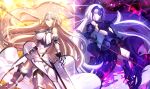  2girls armor armored_boots bare_shoulders blonde_hair blue_eyes boots chains cowter fate/grand_order fate_(series) fur_trim gauntlets gorget highres jeanne_alter long_hair mashimasaki md5_mismatch multiple_girls pale_skin revision ruler_(fate/apocrypha) ruler_(fate/grand_order) shinooji standard_bearer sword very_long_hair weapon yellow_eyes 