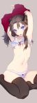  1girl armpits arms_up black_hair blue_eyes bra breasts brown_hair fate/stay_night fate_(series) long_hair looking_at_viewer navel nilitsu open_mouth panties purple_background simple_background sitting solo thigh-highs tohsaka_rin two_side_up under_boob underwear undressing white_bra white_panties yokozuwari 
