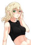  1girl arm_at_side asuzemu bare_shoulders black_shirt blonde_hair blush breasts crop_top eyebrows eyebrows_visible_through_hair eyelashes green_eyes hand_on_own_cheek hand_on_own_head hand_up impossible_clothes looking_at_viewer medium_breasts mizuhashi_parsee navel pointy_ears ponytail shirt simple_background sleeveless sleeveless_shirt solo stomach taut_clothes taut_shirt touhou upper_body white_background 