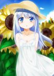  1girl arms_behind_back blue_eyes blue_hair cacao_(cacao0809) collarbone dress flower gochuumon_wa_usagi_desu_ka? hair_ornament hairclip hat highres kafuu_chino long_hair outdoors solo sundress sunflower upper_body white_dress 