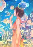  1girl black_hair bubble bubble_blowing commentary_request fish from_side gemi jellyfish original profile seaweed short_hair solo standing star upper_body 