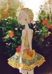  1girl arms_at_sides bare_back blurry_background bush cowboy_shot dress expressionless flower from_behind leaf looking_back original outdoors red_flower short_hair sketch solo standing sumi_(pixiv619693) white_hair yellow_dress 