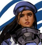  1girl alternate_costume ana_(overwatch) beret black_hair brown_eyes captain_amari dark_skin hat lips long_hair nose overwatch parted_lips portrait realistic solo younger yy6242 