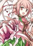  1girl :d bandage bandaged_arm bun_cover chains chinese_clothes cuffs double_bun flower foreshortening hair_bun ibaraki_kasen open_mouth pink_eyes pink_hair pink_rose ringed_eyes rose shackles short_hair smile solo suichuu_hanabi tabard touhou 