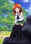  1girl :d absurdres arm_support black_legwear blush breasts brown_eyes brown_hair brown_shoes clouds collarbone eyebrows eyebrows_visible_through_hair girls_und_panzer green_skirt ground_vehicle head_tilt headphones headphones_around_neck highres knees_together_feet_apart leaning_forward loafers long_hair long_sleeves looking_at_viewer military military_vehicle motor_vehicle neckerchief official_art open_mouth outdoors panzerkampfwagen_iv pleated_skirt school_uniform serafuku shoes sitting skirt sky smile solo sugimoto_isao takebe_saori tank thigh-highs tree v 