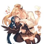  1boy 1girl blonde_hair blue_eyes blue_hair colored_eyelashes cup dizzy eyepatch guilty_gear hair_ribbon heart hug ky_kiske long_hair newspaper red_eyes ribbon san_(winteroll) sin_kiske tail tail_ribbon thigh-highs wings 