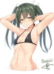  1girl armpits arms_behind_head arms_up artist_name bare_shoulders bikini_top breasts closed_mouth collarbone frown green_hair hair_ribbon isshiki_(ffmania7) kantai_collection long_hair looking_at_viewer navel no_legs ribbon signature simple_background small_breasts solo stomach taree twintails twitter_username upper_body wavy_mouth white_background white_ribbon zuikaku_(kantai_collection) 