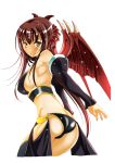  1girl ass bare_shoulders black_gloves black_legwear breasts brown_hair demon_girl demon_horns demon_wings detached_sleeves earrings elbow_gloves gloves highres horns jewelry lirshana long_hair looking_at_viewer maou_no_hajimekata moonsorrow simple_background single_thighhigh solo succubus thigh-highs wings yellow_eyes 