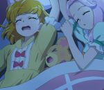  &gt;_&lt; 2girls arm_up asahina_mirai blonde_hair closed_eyes eyebrows hanami_kotoha haruyama_kazunori mahou_girls_precure! mofurun_(mahou_girls_precure!) multiple_girls open_mouth pajamas pink_hair precure short_hair sleeping 