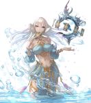  1girl astrologian_(final_fantasy) au_ra bare_shoulders blue_eyes breasts bustier card card_in_mouth dark_skin final_fantasy final_fantasy_xiv floating_hair highres jewelry large_breasts long_hair looking_at_viewer mouth_hold navel pelvic_curtain potion_lilac(popopotionu) solo wading water white_hair 