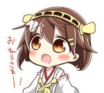  alternate_hair_length alternate_hairstyle brown_eyes brown_hair commentary_request hair_ribbon hairband haruna_(kantai_collection) headband highres jako_(jakoo21) japanese_clothes kantai_collection nontraditional_miko open_mouth ribbon short_hair simple_background translation_request tress_ribbon white_background 
