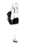  1girl arms_at_sides backpack bag black_shorts from_side full_body greyscale high_heels highres long_hair monochrome original sawasawa shorts simple_background solo standing white_background 