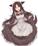  1girl alternate_costume animal_ears apron brown_hair curtsey dress enmaided flying_sweatdrops imaizumi_kagerou juliet_sleeves long_sleeves maid maid_headdress puffy_sleeves red_eyes skirt_hold solo tail terajin touhou white_background wolf_ears wolf_tail 