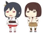  2girls :| bangs black_hair bodysuit brown_eyes brown_hair chibi commentary_request d: d:&lt; detached_sleeves geta hair_ornament hakama hands_on_hips hyuuga_(kantai_collection) japanese_clothes jitome kantai_collection long_sleeves multiple_girls neko_majin nontraditional_miko open_mouth red_eyes red_hakama short_hair short_sleeves thigh_strap wide_sleeves yamashiro_(kantai_collection) 