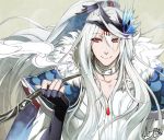  1boy chinese_clothes choker fingerless_gloves gloves grey_background highres lin_xue_ya long_hair male_focus ookuma_(nitroplus) pipe red_eyes signature silver_hair smile solo thunderbolt_fantasy upper_body 