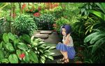  1girl ahoge blue_dress blue_hair blurry depth_of_field dress flower from_side hand_in_hair idolmaster kanon_(ayaka666) letterboxed light_particles miura_azusa plant red_eyes sandals short_hair short_sleeves solo squatting 