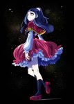  1girl black_background black_legwear expressionless from_below half_updo izayoi_liko long_hair looking_up mahou_girls_precure! ninomae pink_skirt precure purple_hair red_eyes red_shoes shawl shoes skirt socks solo standing standing_on_one_leg 