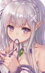  1girl aimee_(origin) bangs bare_shoulders blush braid breasts cleavage counter_(734671289) crown_braid crystal elf emilia_(re:zero) eyebrows eyebrows_visible_through_hair eyelashes flower frills hair_flower hair_ornament hair_ribbon hairclip long_hair looking_at_viewer md5_mismatch medium_breasts mouth_hold pointy_ears purple_ribbon re:zero_kara_hajimeru_isekai_seikatsu ribbon silver_hair simple_background solo tying upper_body violet_eyes white_background white_flower 