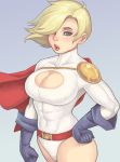  1girl blonde_hair blue_eyes blue_gloves breasts cape cleavage cleavage_cutout dc_comics gloves hair_over_one_eye large_breasts leotard lipstick makeup maou_alba nose power_girl puckered_lips short_hair solo superhero 