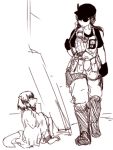  1girl badge furry glasses gloves hat headphones height_difference karakure_(kamo-nanban) military monochrome original poverty short_hair sketch slums snout sunglasses tail 