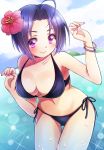  1girl 81_(mellowry) ahoge blue_hair breasts flower hair_flower hair_ornament idolmaster miura_azusa red_eyes short_hair smile solo swimsuit wading 