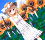  1girl alternate_costume alternate_headwear blonde_hair blue_sky blush clouds crystal dress dutch_angle field flandre_scarlet flower flower_field hat hat_ribbon looking_at_viewer misoshiru_(meridianchild312) nature red_eyes ribbon side_ponytail sky sleeveless smile solo sunflower touhou white_dress wings 