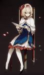  1girl adapted_costume alice_margatroid alternate_costume blonde_hair blue_dress blue_eyes blurry book capelet dress full_body gradient gradient_background hairband highres layered_dress long_sleeves looking_away no-kan open_book short_hair sitting solo touhou white_legwear 