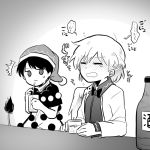  /\/\/\ 2girls alcohol beer beer_can blush can closed_eyes crying doremy_sweet glass greyscale hat jacket kishin_sagume monochrome multiple_girls nightcap pom_pom_(clothes) short_hair sisikuku table tail tapir_tail tears touhou translation_request water wings 