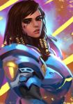  1girl black_hair brown_eyes dark_skin eye_of_horus eyebrows eyelashes facial_mark facial_tattoo hair_tubes highres lips looking_at_viewer looking_to_the_side nose overwatch parted_lips pharah_(overwatch) power_armor realistic solo tattoo yy6242 