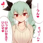  1girl akitsuchi_shien anchovy blush casual closed_mouth drill_hair girls_und_panzer green_hair hair_ribbon heart heart-shaped_pupils long_hair looking_at_viewer motherly portrait red_eyes ribbed_sweater ribbon smile solo sweater symbol-shaped_pupils translated twin_drills twintails 