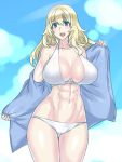  1girl abs atago_(kantai_collection) bikini blonde_hair blush breasts cleavage evuoaniramu kantai_collection large_breasts long_hair looking_at_viewer smile solo swimsuit white_bikini 