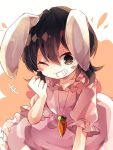  +++ 1girl ;d animal_ears black_eyes black_hair blush_stickers carrot_necklace dress grin inaba_tewi laughing looking_at_viewer nikorashi-ka one_eye_closed open_mouth pink_dress puffy_short_sleeves puffy_sleeves rabbit_ears short_hair short_sleeves smile solo tears touhou 
