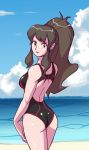  10s 1girl alternate_eye_color beach black_eyes breasts brown_hair clouds deadmoon_(kein2002) female long_hair looking_at_viewer looking_back ocean outdoors pokemon pokemon_(game) pokemon_bw ponytail shiny shiny_clothes shiny_hair shiny_skin sky solo swimsuit touko_(pokemon) water 