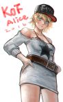  1girl 2016 alice_(fatal_fury) alice_garnet_nakata bare_shoulders baseball_cap belt blonde_hair blue_eyes blush breasts character_name chromatic_aberration cleavage copyright_name cowboy_shot dress fatal_fury hands_on_hips hat highres k.c looking_at_viewer off_shoulder red_bikini_top short_hair simple_background solo the_king_of_fighters the_king_of_fighters_xiv white_background 