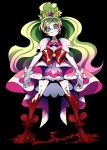  1girl black_background blonde_hair blood bow cure_flora eyebrows gloves go!_princess_precure gradient_hair green_eyes haruno_haruka long_hair looking_at_viewer magical_girl multicolored_eyes multicolored_hair ninomae pink_bow pink_eyes pink_hair pink_skirt pool_of_blood precure red_bow shoes skirt smile solo standing thick_eyebrows two-tone_hair white_gloves 