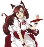  1girl alternate_costume animal_ears apron blush breasts brooch brown_hair dress enmaided fang glass imaizumi_kagerou jewelry long_hair maid maid_apron maid_headdress open_mouth puffy_short_sleeves puffy_sleeves short_sleeves simple_background solo tail touhou tyouseki underbust white_background wolf_ears wolf_tail wrist_cuffs 