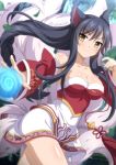  1girl ahri animal_ears bare_shoulders black_hair blush breasts cleavage collarbone detached_sleeves energy_ball facial_mark forest fox_ears fox_tail greeze18 korean_clothes large_breasts league_of_legends long_hair multiple_tails nature solo tail twitter_username wanaca whisker_markings wide_hips yellow_eyes 