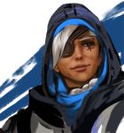  1girl ana_(overwatch) dark_skin eyepatch facial_mark facial_tattoo hijab hood lips long_hair nose old_woman overwatch portrait solo tattoo yy6242 