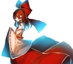  1girl arm_garter bare_shoulders bloom bow brown_hair detached_sleeves from_side hair_bow hair_tubes hakurei_reimu japanese_clothes long_hair long_sleeves looking_at_viewer miko peach_camellia profile red_eyes red_skirt ribbon-trimmed_sleeves ribbon_trim skirt skirt_set smile solo touhou wide_sleeves 